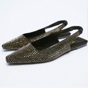 7.5. ZARA metallic sparkle Beaded studded Stretch Slingback Fl…